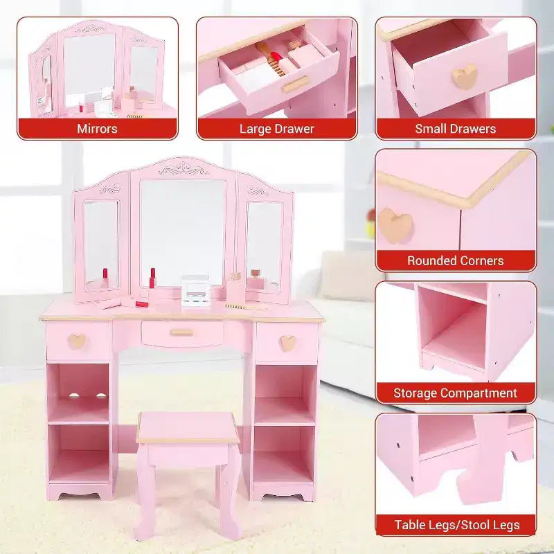 Coiffeuse enfant avec tabouret, miroir triptyque, tiroirs de rangement et étagères ouvertes, coiffeuse rose pour filles de 3 ans et plus