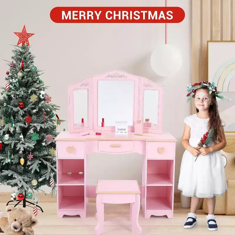 Coiffeuse enfant avec tabouret, miroir triptyque, tiroirs de rangement et étagères ouvertes, coiffeuse rose pour filles de 3 ans et plus