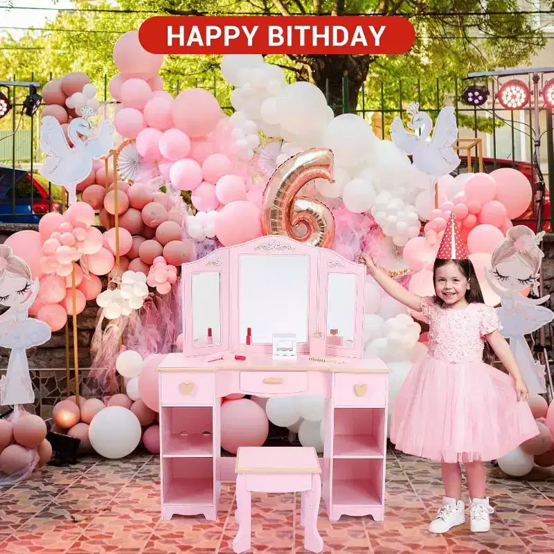 Coiffeuse enfant avec tabouret, miroir triptyque, tiroirs de rangement et étagères ouvertes, coiffeuse rose pour filles de 3 ans et plus