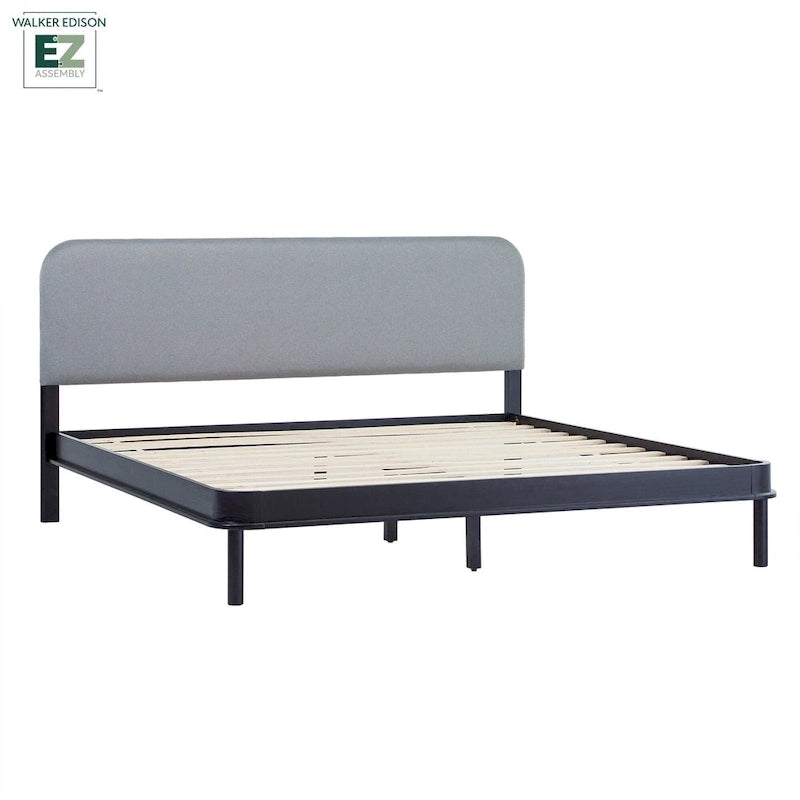 Walker Edison Solid Wood King Bed with Curved Upholstered Headboard