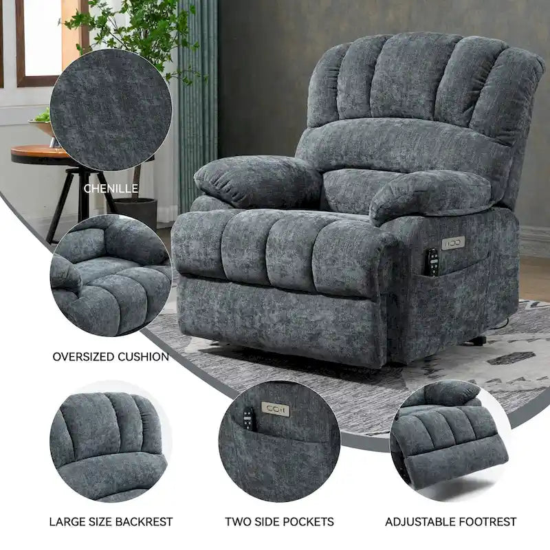 Oversized Chenille Power Lift Recliner Chair with Massage and Lumbar Heating, USB Charge Port