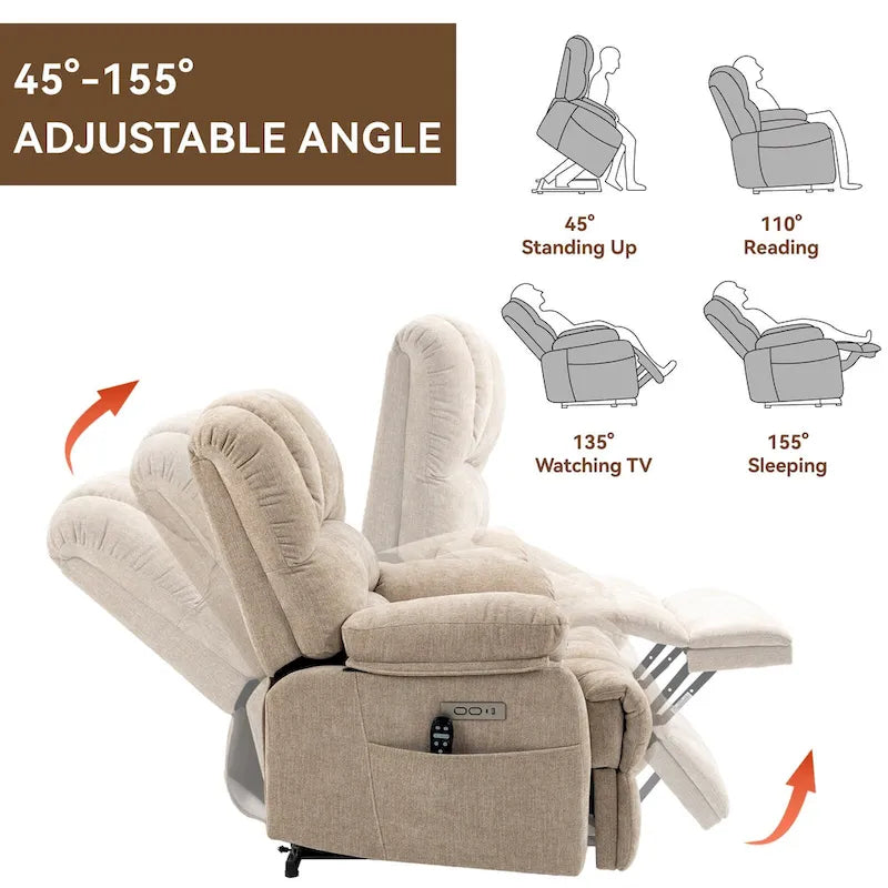 Oversized Chenille Power Lift Recliner Chair with Massage and Lumbar Heating, USB Charge Port