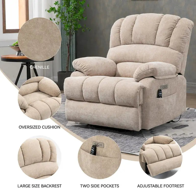 Oversized Chenille Power Lift Recliner Chair with Massage and Lumbar Heating, USB Charge Port