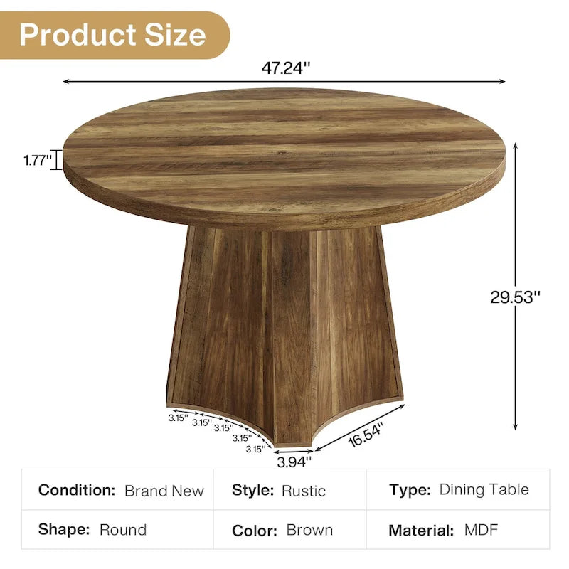 47" Industrial Round Dining Table with Pedestal for 4-6 People