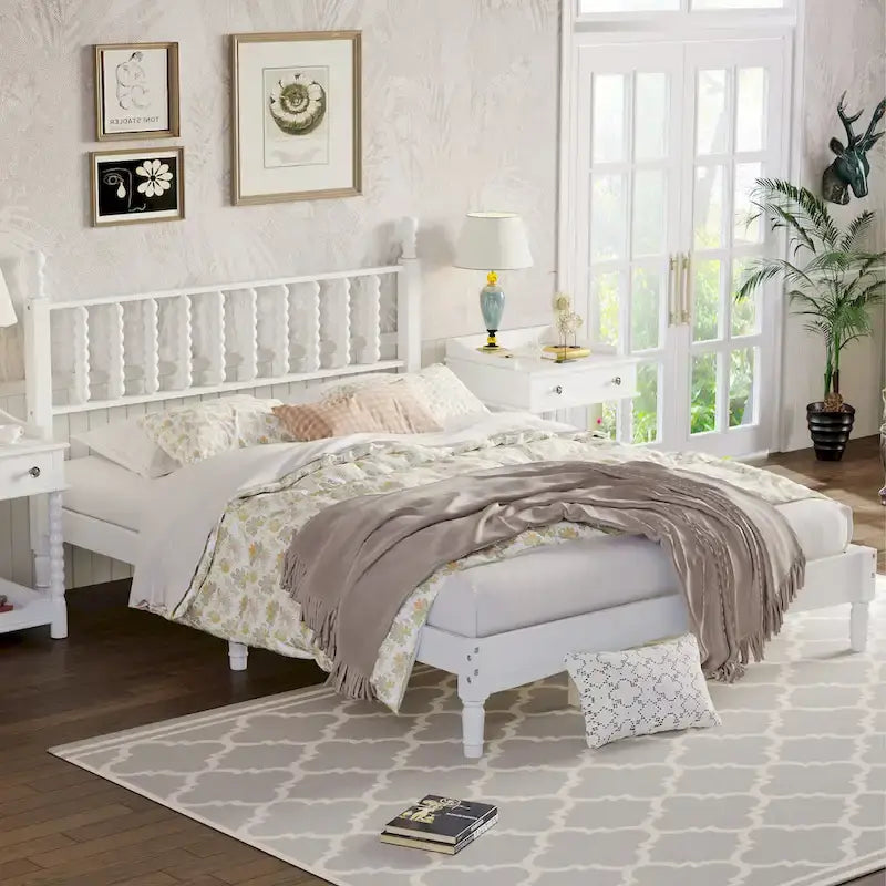 Queen Retro Platform Bed with Gourd-Shaped Headboard & Solid Wood Frame