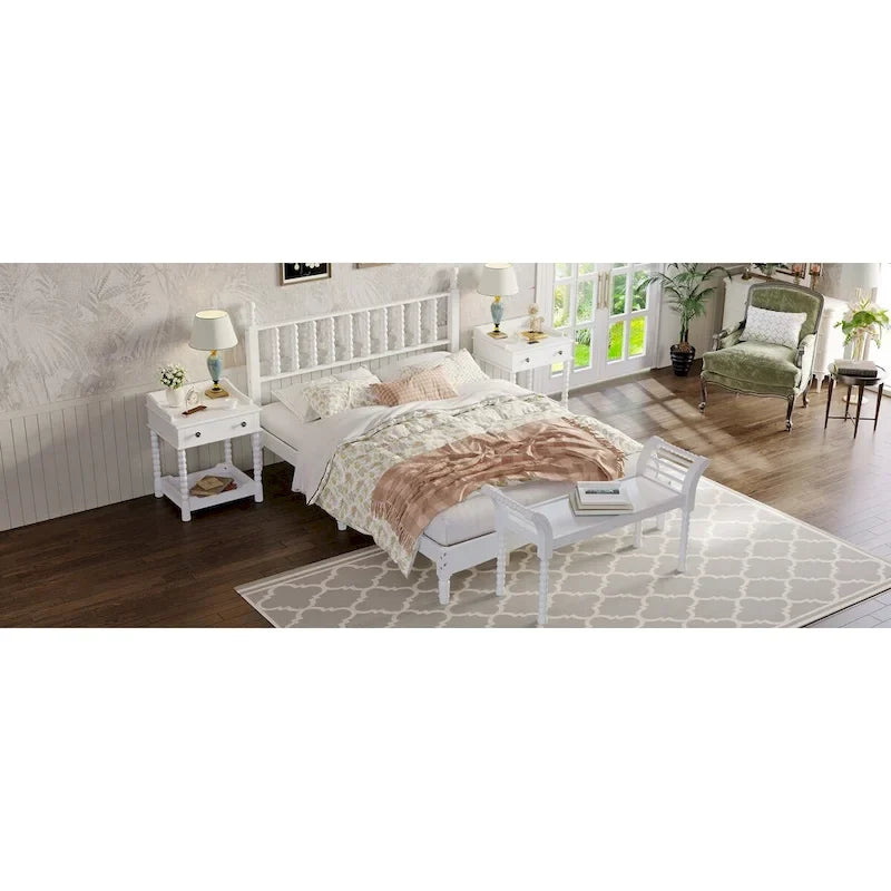 Queen Retro Platform Bed with Gourd-Shaped Headboard & Solid Wood Frame