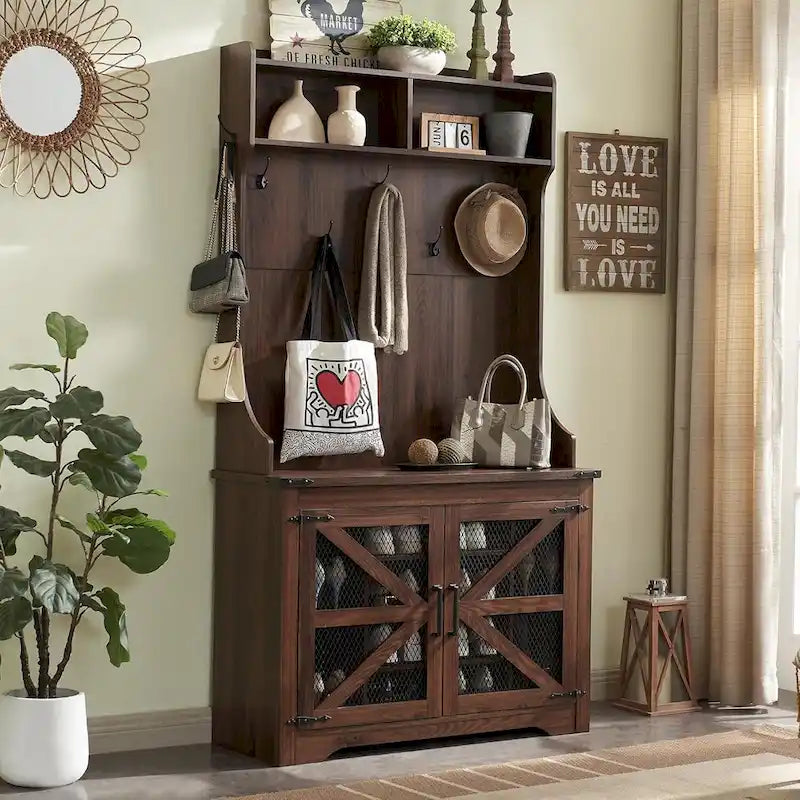 42 Wide Farmhouse Entryway Bench with Coat Rack, Mudroom Cabinet