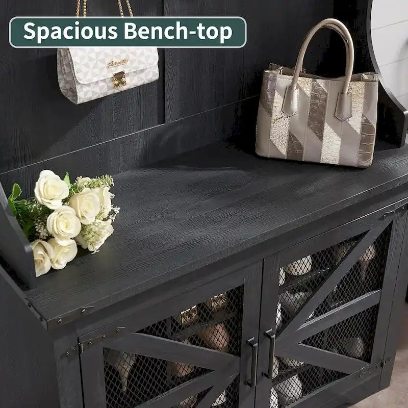 42 Wide Farmhouse Entryway Bench with Coat Rack, Mudroom Cabinet