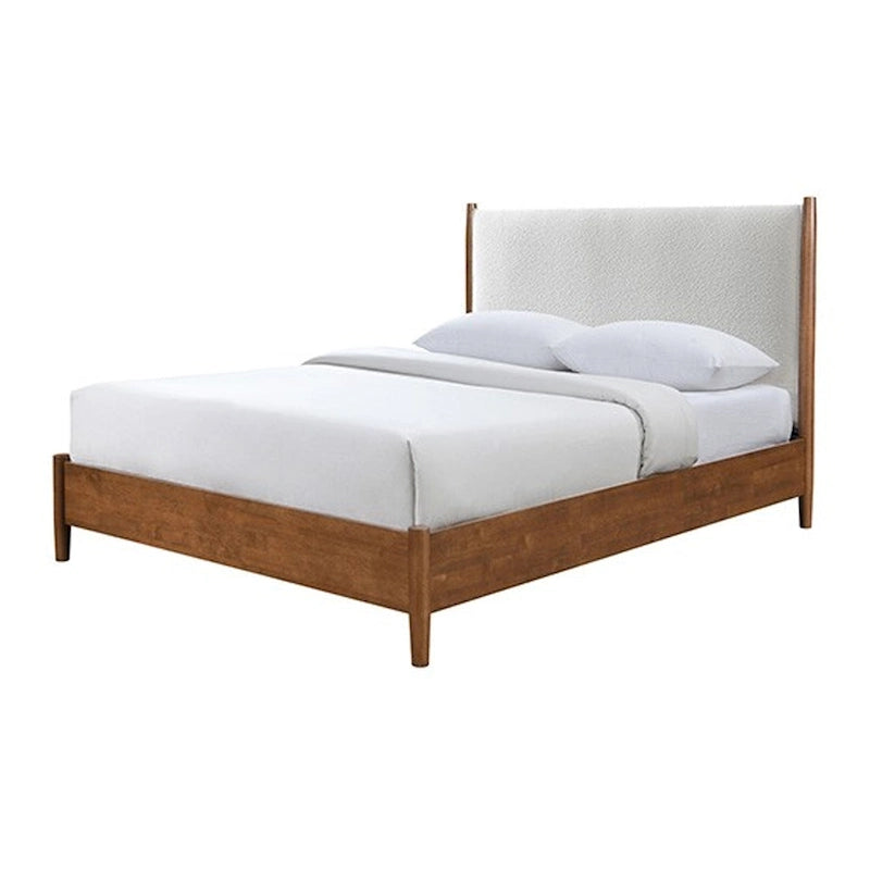 Carry Queen Bed, Beige Boucle Upholstered Headboard Walnut Brown Solid Wood