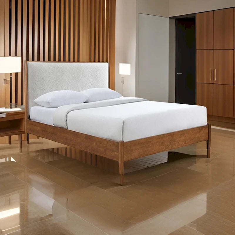 Carry Queen Bed, Beige Boucle Upholstered Headboard Walnut Brown Solid Wood