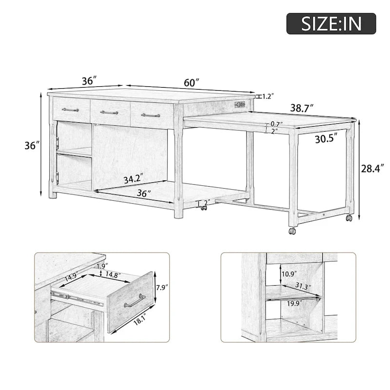 Extendable Kitchen Island With Storage(no include stool)