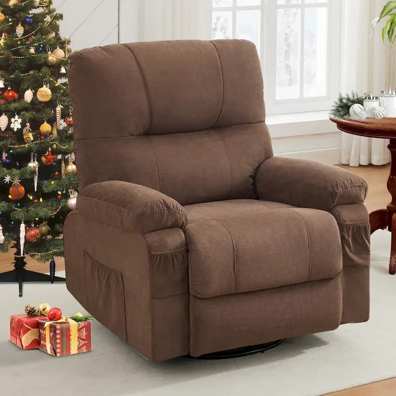 360° Swivel Manual Recliner Single Sofa, Fabric Lounge Chair with Pull-Out Footrest and Side Pockets