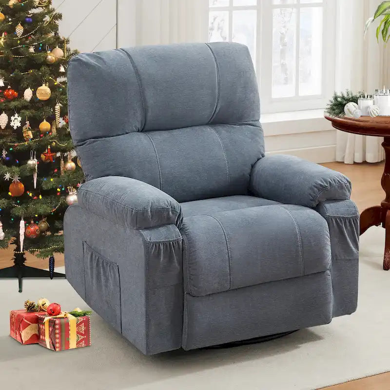 360 Swivel Manual Recliner Single Sofa Chair Fabric Lounge Chair with Pull Out Footrest and Side Pockets