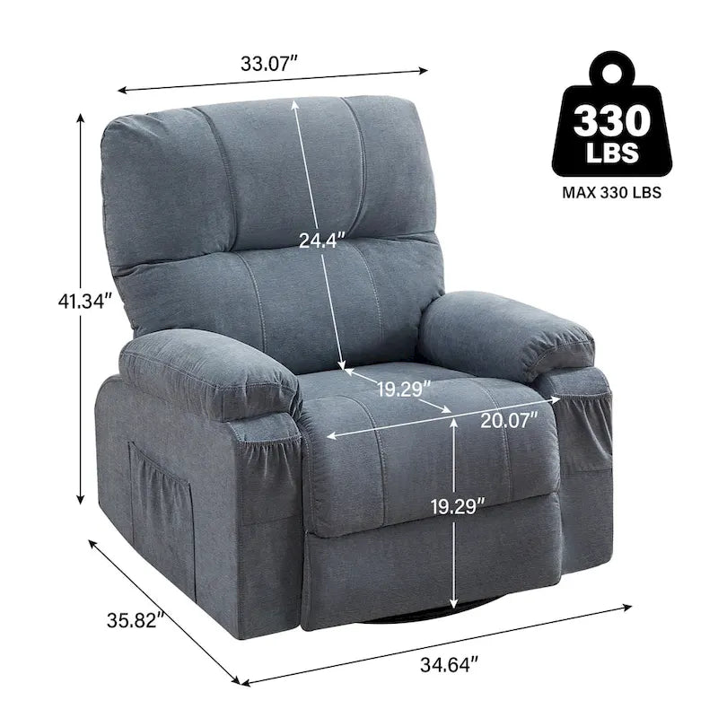 360° Swivel Manual Recliner Single Sofa, Fabric Lounge Chair with Pull-Out Footrest and Side Pockets