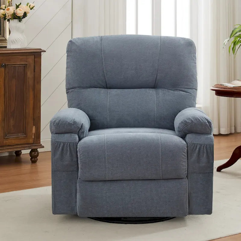 360° Swivel Manual Recliner Single Sofa, Fabric Lounge Chair with Pull-Out Footrest and Side Pockets