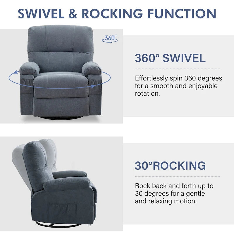 360° Swivel Manual Recliner Single Sofa, Fabric Lounge Chair with Pull-Out Footrest and Side Pockets