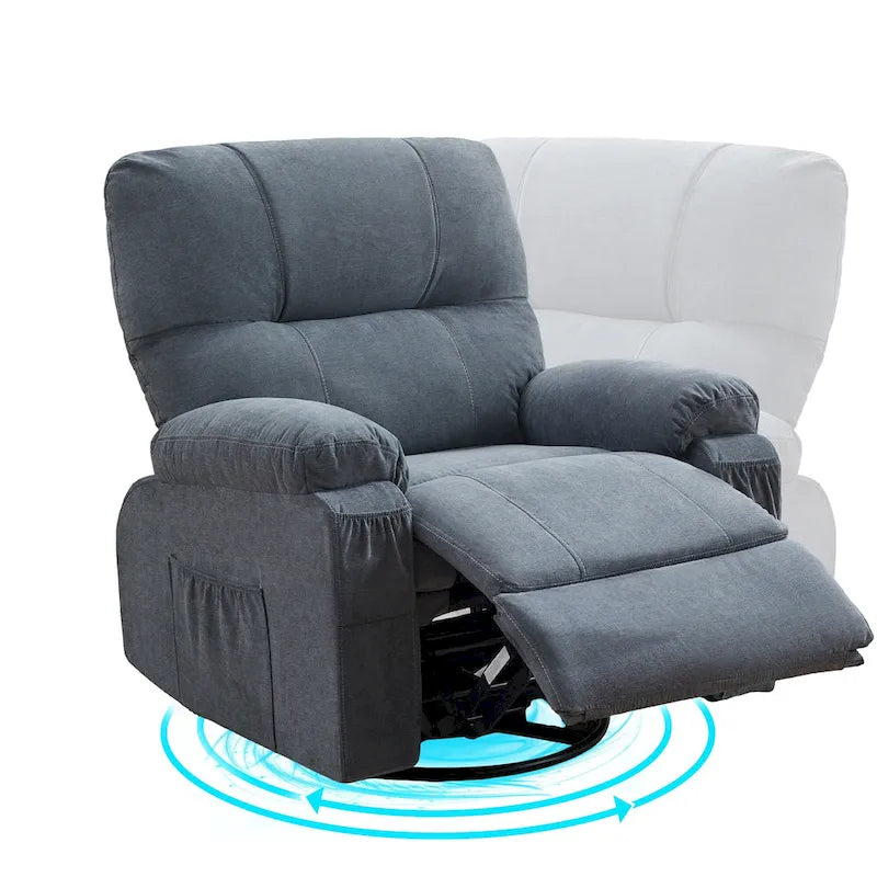 360° Swivel Manual Recliner Single Sofa, Fabric Lounge Chair with Pull-Out Footrest and Side Pockets