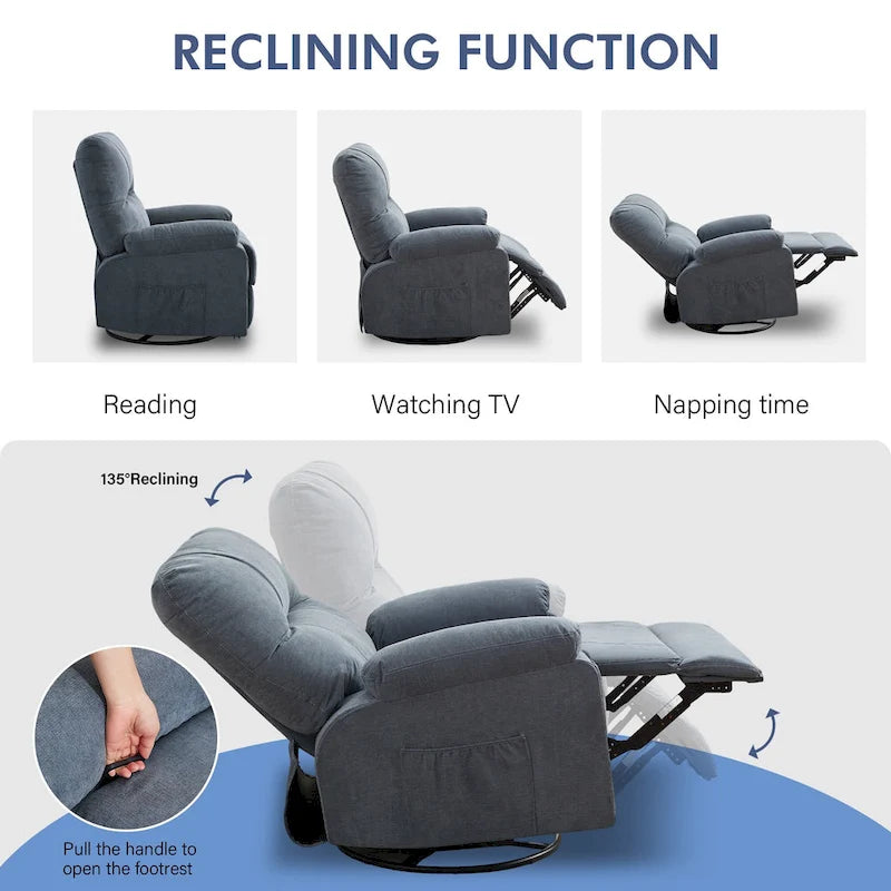 360° Swivel Manual Recliner Single Sofa, Fabric Lounge Chair with Pull-Out Footrest and Side Pockets