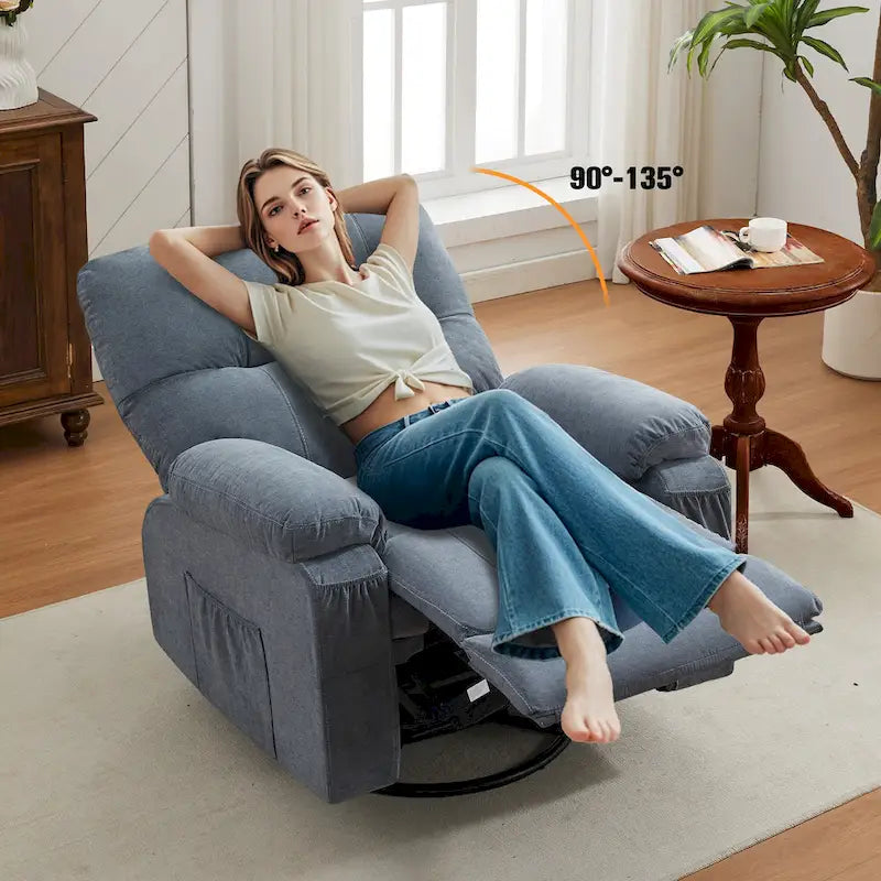 360° Swivel Manual Recliner Single Sofa, Fabric Lounge Chair with Pull-Out Footrest and Side Pockets