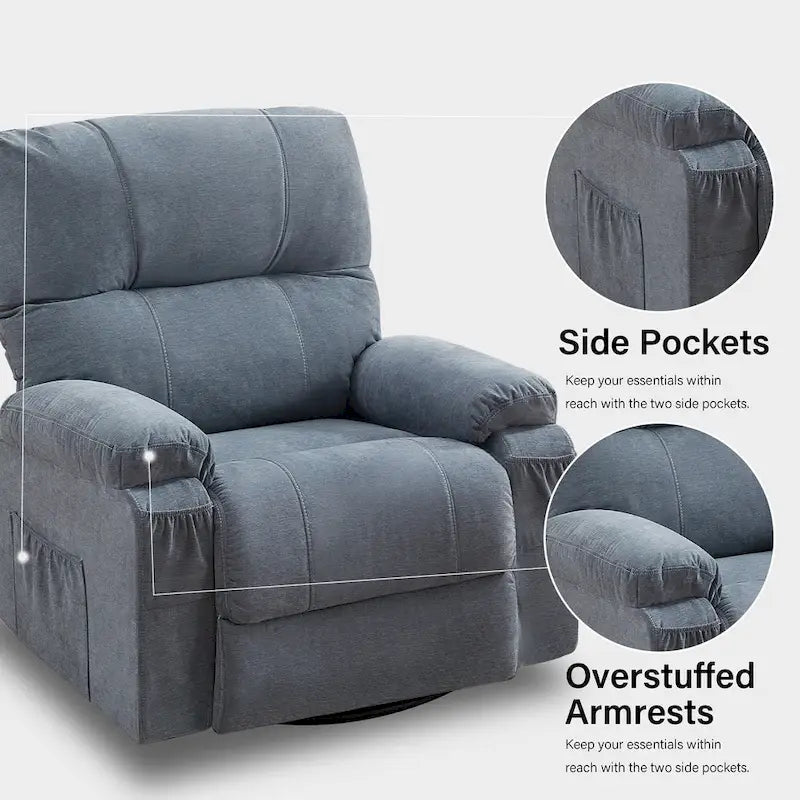 360° Swivel Manual Recliner Single Sofa, Fabric Lounge Chair with Pull-Out Footrest and Side Pockets
