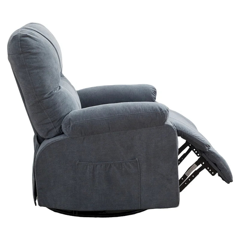 360° Swivel Manual Recliner Single Sofa, Fabric Lounge Chair with Pull-Out Footrest and Side Pockets