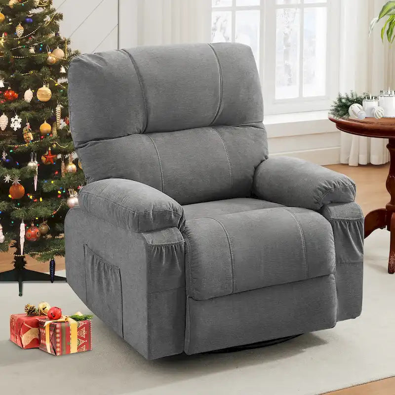 360° Swivel Manual Recliner Single Sofa, Fabric Lounge Chair with Pull-Out Footrest and Side Pockets