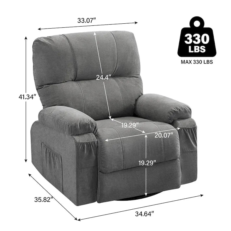 360° Swivel Manual Recliner Single Sofa, Fabric Lounge Chair with Pull-Out Footrest and Side Pockets