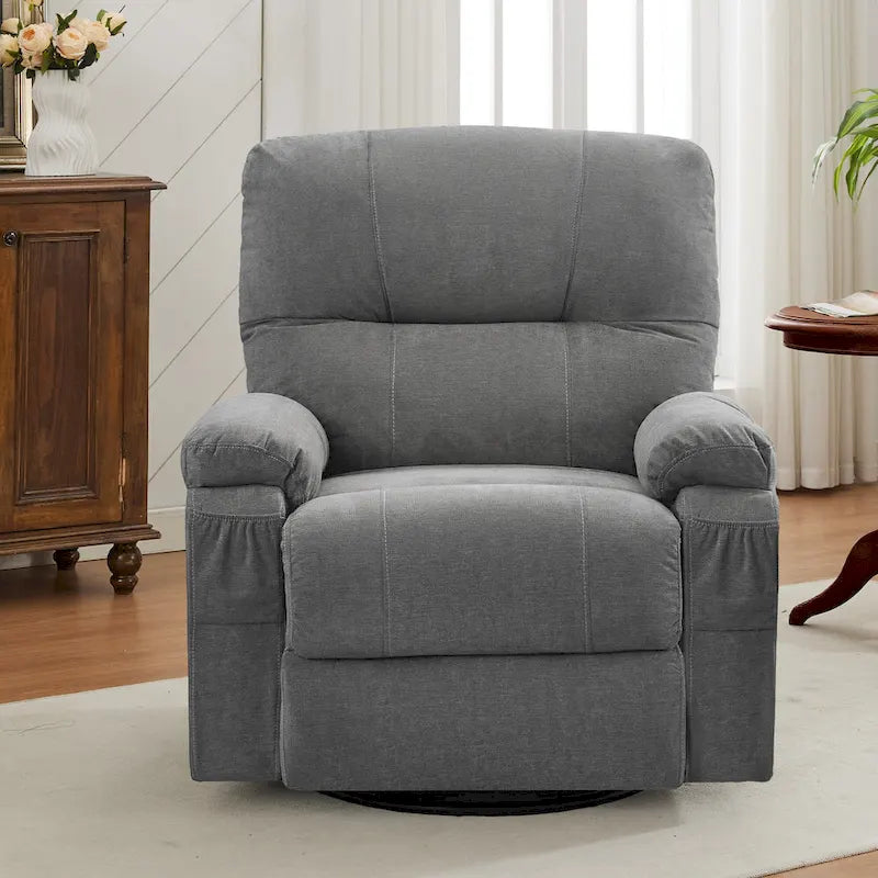 360° Swivel Manual Recliner Single Sofa, Fabric Lounge Chair with Pull-Out Footrest and Side Pockets