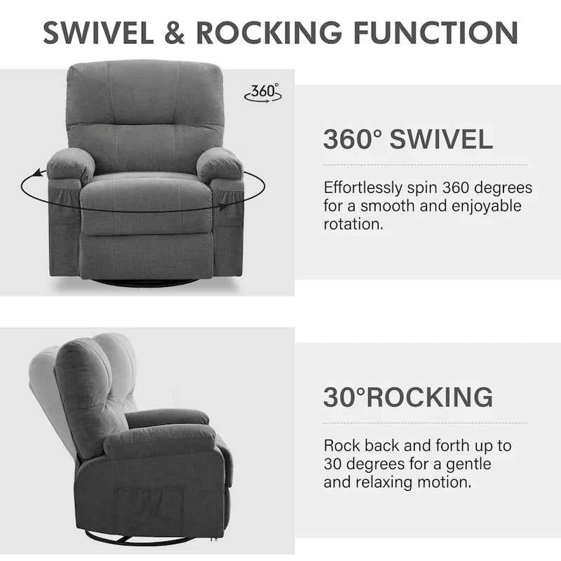 360° Swivel Manual Recliner Single Sofa, Fabric Lounge Chair with Pull-Out Footrest and Side Pockets