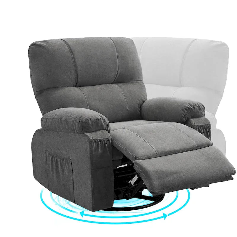 360° Swivel Manual Recliner Single Sofa, Fabric Lounge Chair with Pull-Out Footrest and Side Pockets