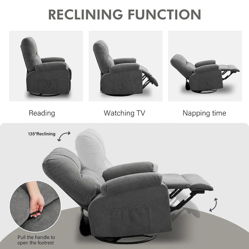 360° Swivel Manual Recliner Single Sofa, Fabric Lounge Chair with Pull-Out Footrest and Side Pockets
