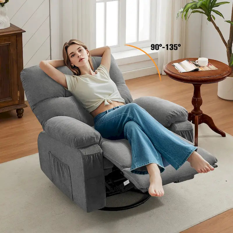 360° Swivel Manual Recliner Single Sofa, Fabric Lounge Chair with Pull-Out Footrest and Side Pockets