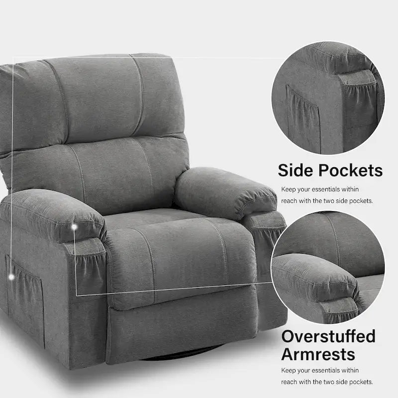 360° Swivel Manual Recliner Single Sofa, Fabric Lounge Chair with Pull-Out Footrest and Side Pockets