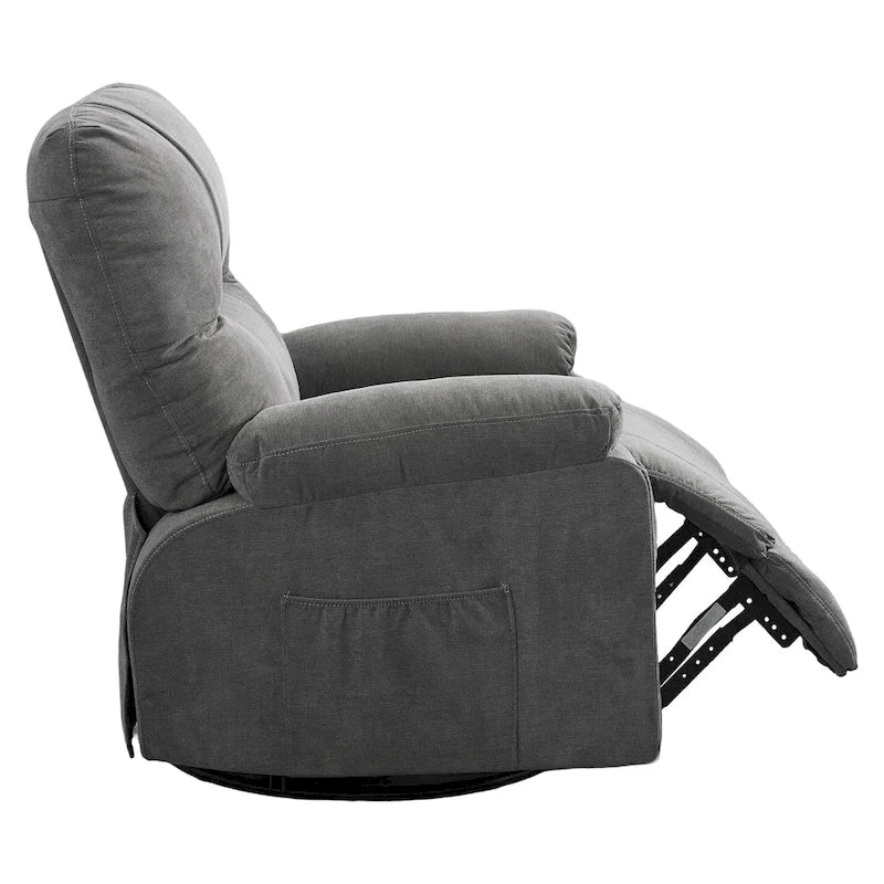 360° Swivel Manual Recliner Single Sofa, Fabric Lounge Chair with Pull-Out Footrest and Side Pockets