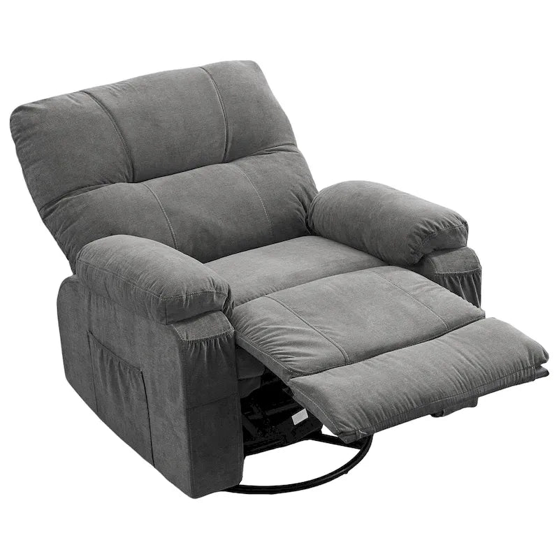 360° Swivel Manual Recliner Single Sofa, Fabric Lounge Chair with Pull-Out Footrest and Side Pockets