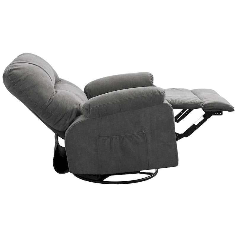 360° Swivel Manual Recliner Single Sofa, Fabric Lounge Chair with Pull-Out Footrest and Side Pockets