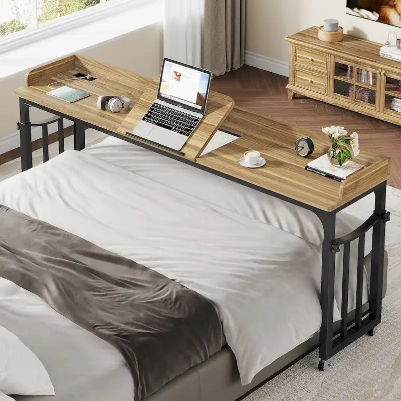 71 inch Overbed Table with Height Adjustable & Power Outlet, Queen Size Bed Table