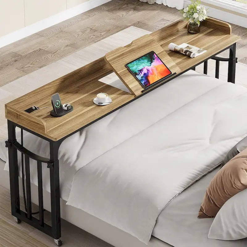 71 inch Overbed Table with Height Adjustable & Power Outlet, Queen Size Bed Table