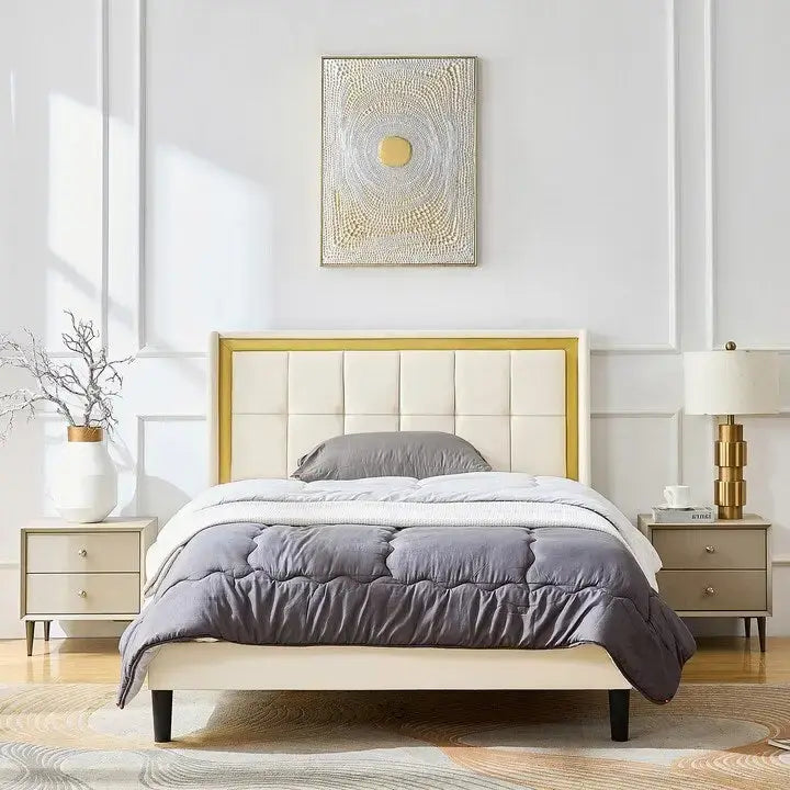 White Queen Size Upholstered Platform Bed Frame with Headboard, Sturdy Wooden Slats, High Load-Bearing Capacity