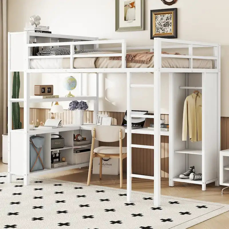 Off White Full Size Metal Loft Bed with Wardrobe And L-shaped Desk, Storage Cubes and Shelves for Kids, Teens, Adults