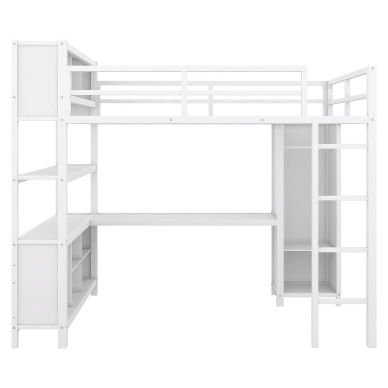 Off White Full Size Metal Loft Bed with Wardrobe And L-shaped Desk, Storage Cubes and Shelves for Kids, Teens, Adults
