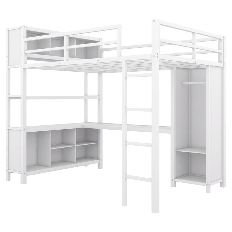 Off White Full Size Metal Loft Bed with Wardrobe And L-shaped Desk, Storage Cubes and Shelves for Kids, Teens, Adults