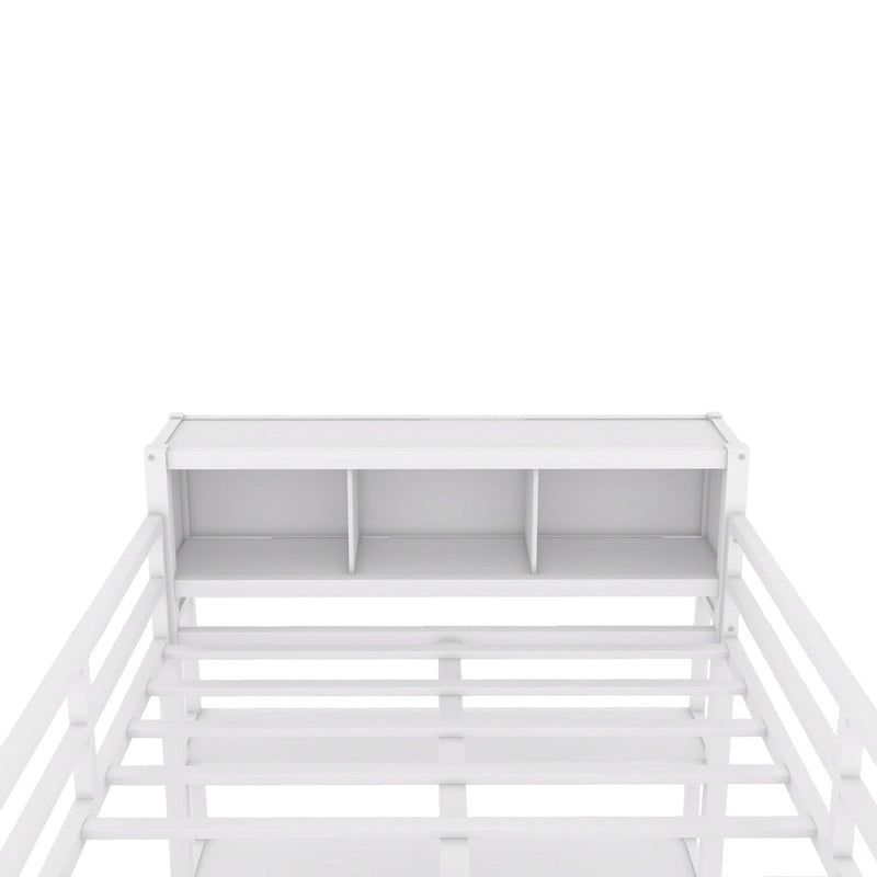 Off White Full Size Metal Loft Bed with Wardrobe And L-shaped Desk, Storage Cubes and Shelves for Kids, Teens, Adults