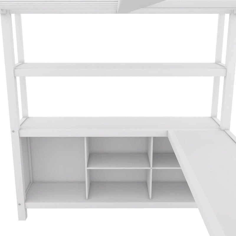 Off White Full Size Metal Loft Bed with Wardrobe And L-shaped Desk, Storage Cubes and Shelves for Kids, Teens, Adults