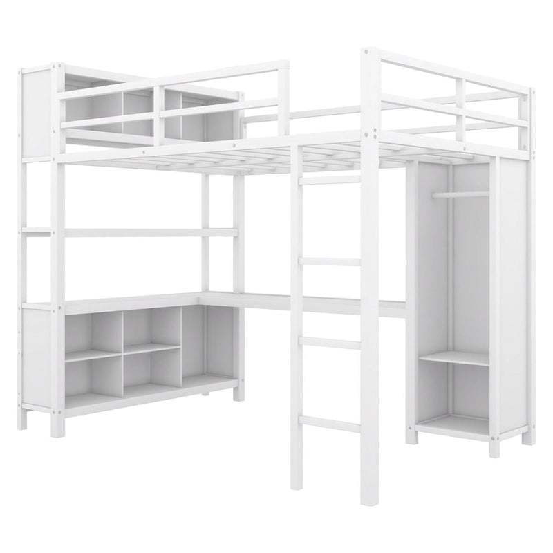 Off White Full Size Metal Loft Bed with Wardrobe And L-shaped Desk, Storage Cubes and Shelves for Kids, Teens, Adults