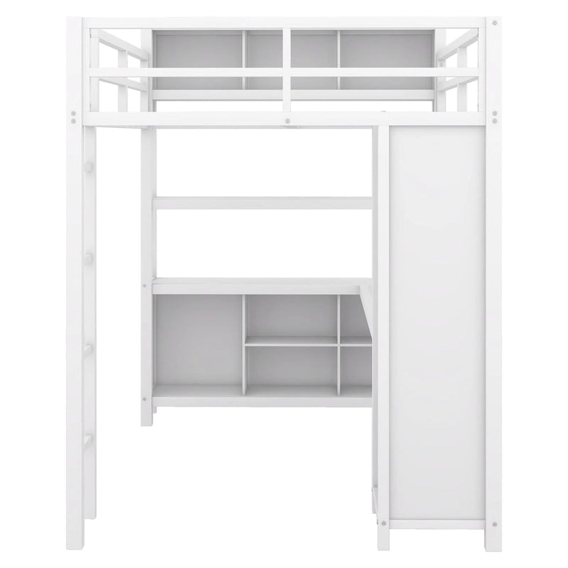 Off White Full Size Metal Loft Bed with Wardrobe And L-shaped Desk, Storage Cubes and Shelves for Kids, Teens, Adults