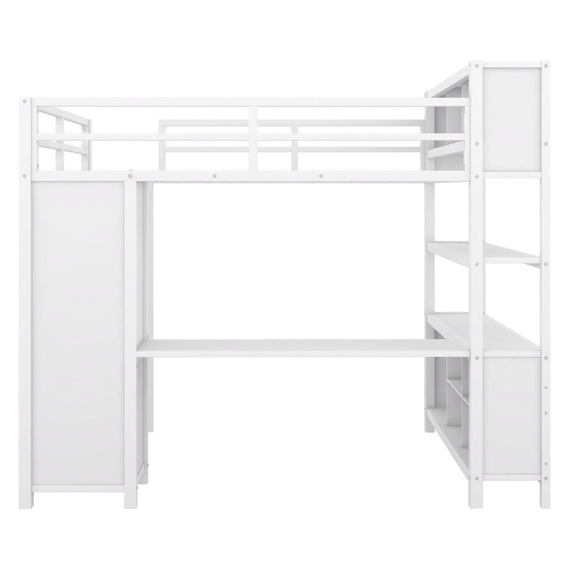 Off White Full Size Metal Loft Bed with Wardrobe And L-shaped Desk, Storage Cubes and Shelves for Kids, Teens, Adults