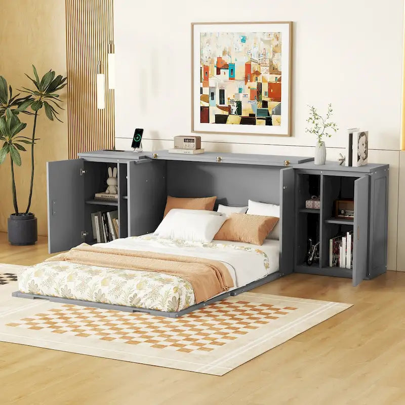 Gray Full Size Murphy Bed with Shelves, Cabinets, and USB Charging Ports