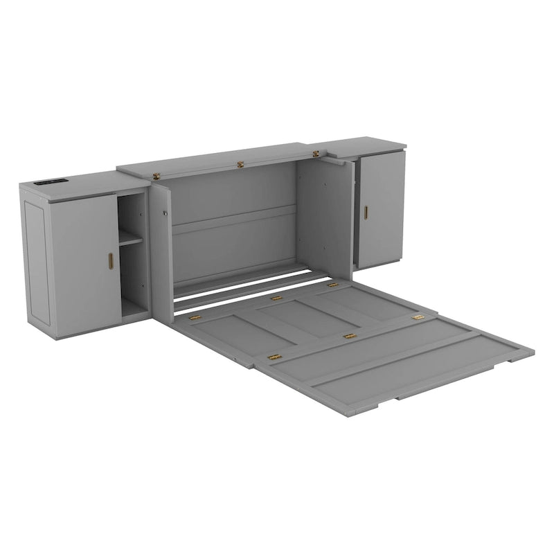 Gray Full Size Murphy Bed with Shelves, Cabinets, and USB Charging Ports