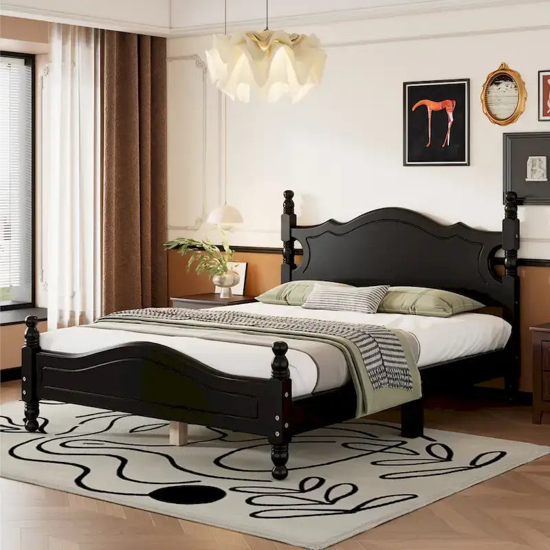 Retro Pine Platform Bed with Headboard and Footboard